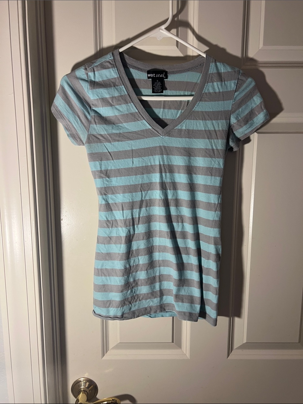 Wet Seal Blue and Gray Striped V-Neck Tee